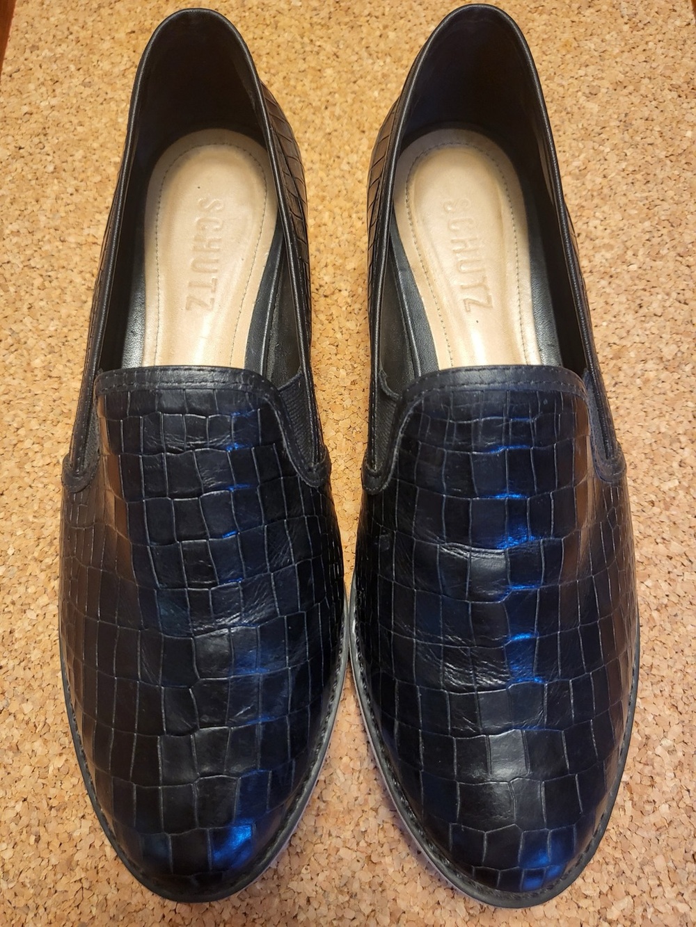 SCHUTZ Black Croc Embossed Leather Platform Loafers 7B